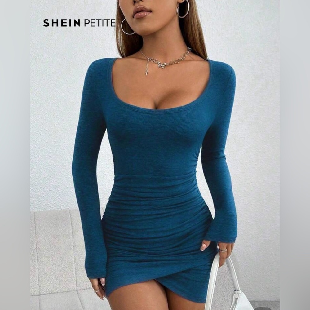 NWOT SHEIN Teal Long Sleeve RUCHED mini Dress
